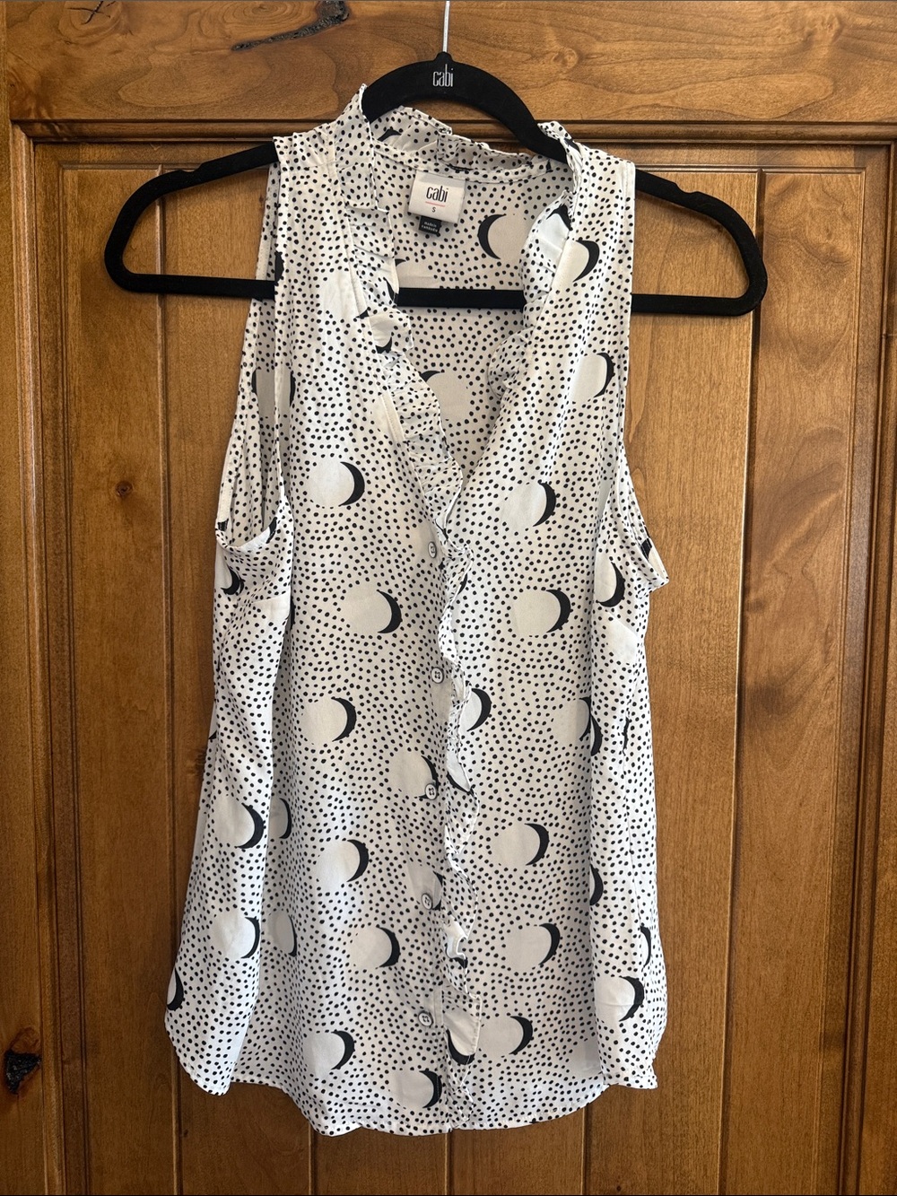 CAbi White and Black Moon-Print Sleeveless Button Front Top